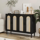Garvee Rattan Sideboard Buffet Cabinet with 4 Doors, Power Outlet, Adjustable Shelves, MDF Board, Metal Handles, Anti-Tip Kit, for Kitchen, Dining Room - Black