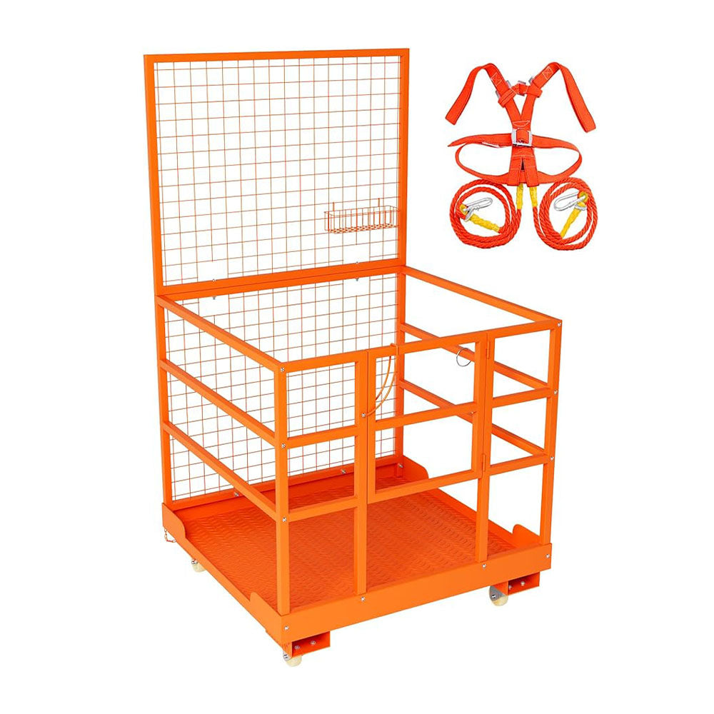 Garvee 43x45 Inch Forklift Safety Cage, 1800LBS Capacity Forklift Man Basket Work Platform with Guardrail and Safety Lock for 1-3 People, 2 Wheels with Brakes and 2 Wheels Without Brakes