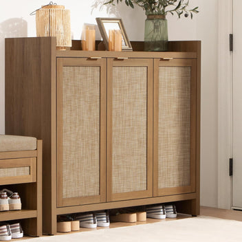Garvee Boho 47" Rattan Shoe Storage Cabinet with 3 Doors and Adjustable Shelves for Hallway Living Room, Dark Oak