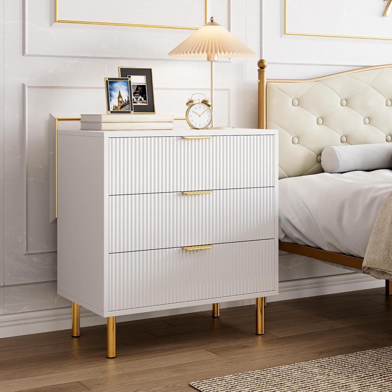 Garvee 3 Drawer Dresser for Bedroom, Modern Wood Storage Chest with Gold Metal Handles, Anti-Tipping Design, Large Nightstand Organizer for Entryway, Hallway, Living Room, White