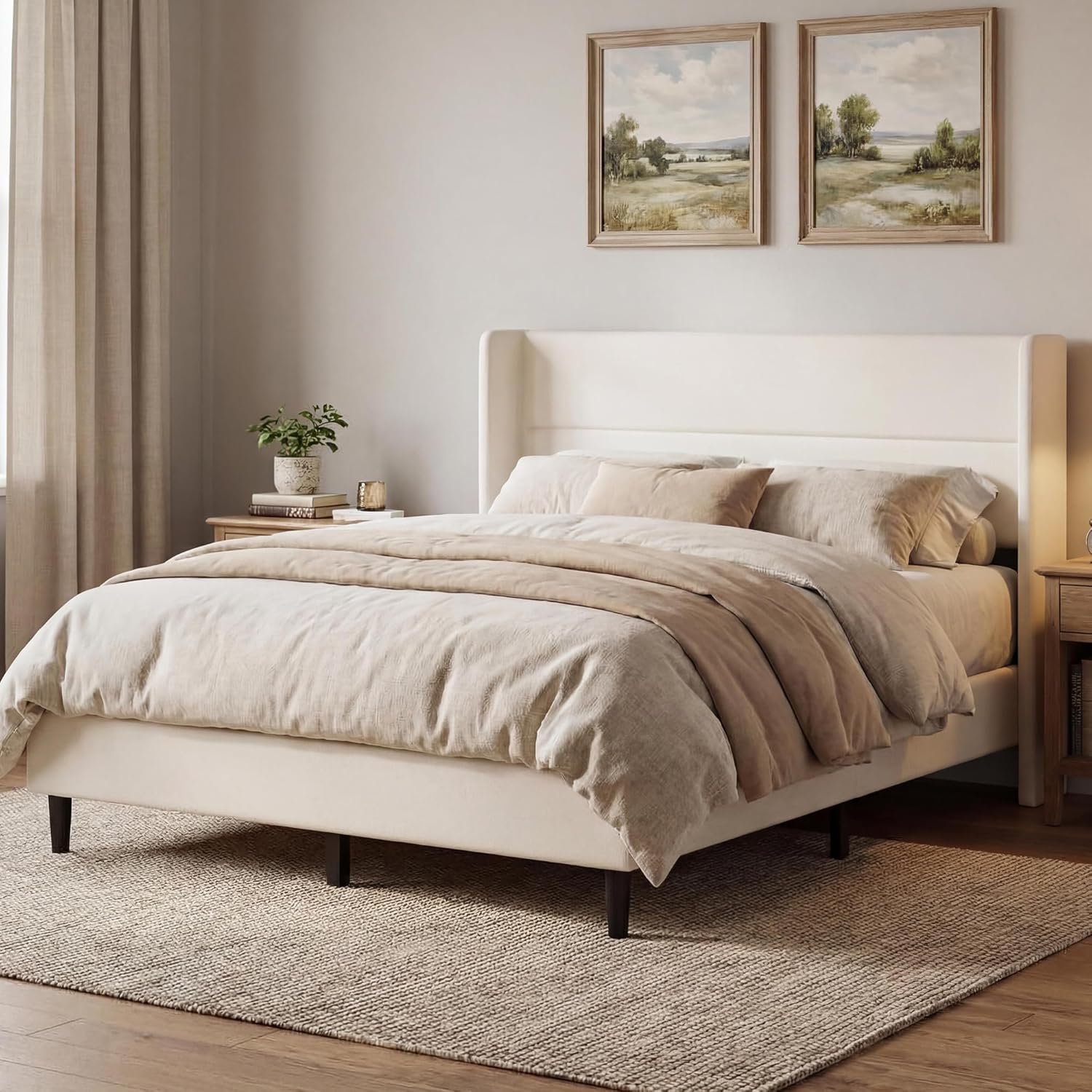 Garvee Queen Bed Frame with Wingback Headboard, Velvet Upholstered Platform Bed Frame with Sturdy Wooden Slats Support, No Box Spring Needed, Easy Assembly, Beige