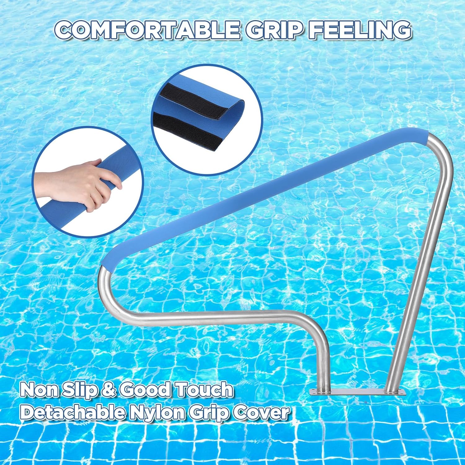 Garvee Pool Handrail 48x36 Pool Rail 304 Stainless Steel Silver Rustproof Pool Stair Rail with Blue Grip Cover Humanized Swimming Pool Railing, Quick Mount Accessories for Pools and Spas