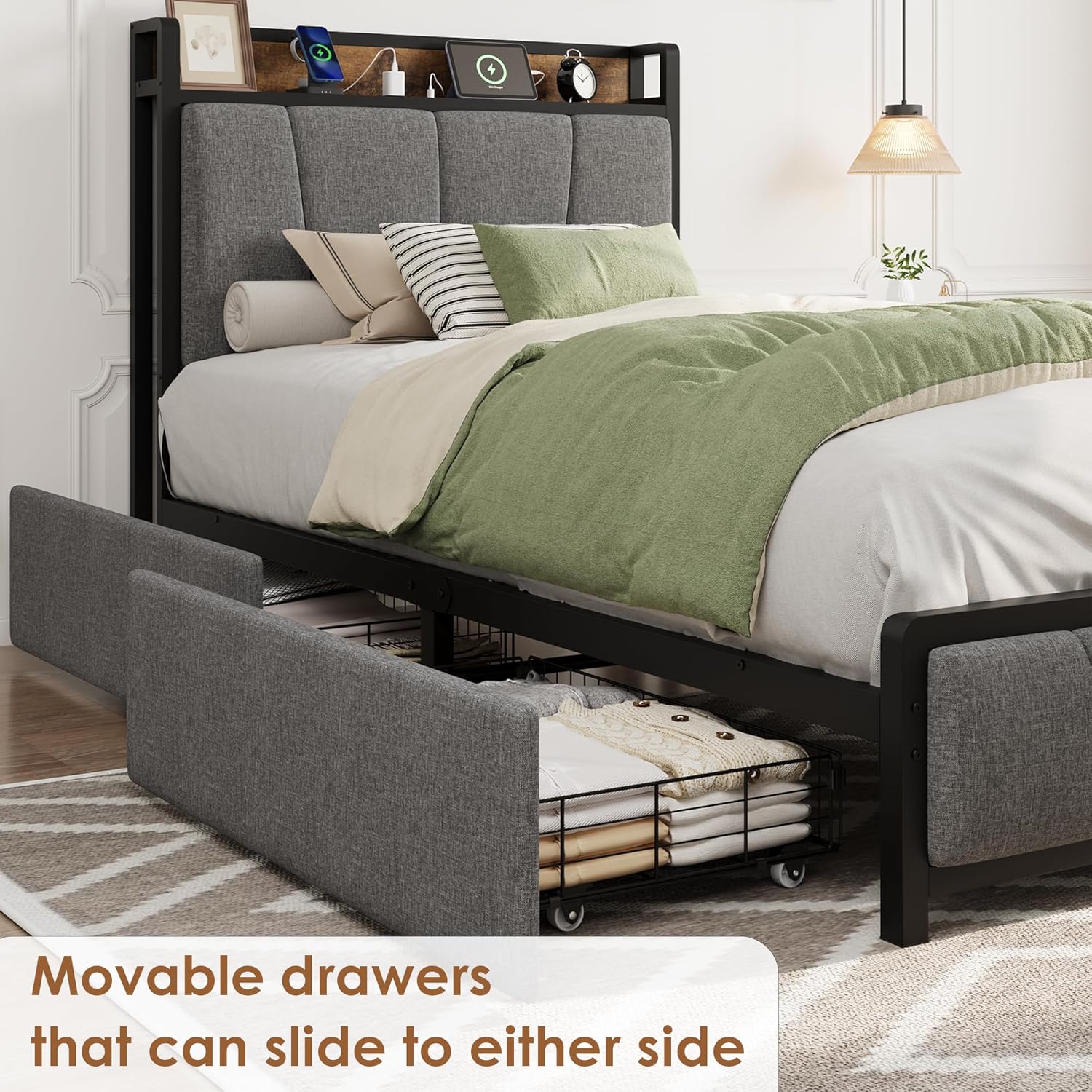 Garvee Twin Size Bed Frame with 2 Storage Drawers and Charging Station, Rustic Linen Upholstered Platform Bedframe with Storage Headboard, Heavy Duty, Easy to Assemble for Kids, Grey