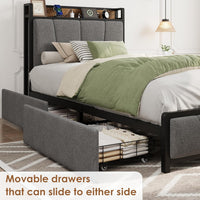 Garvee Twin Size Bed Frame with 2 Storage Drawers and Charging Station, Rustic Linen Upholstered Platform Bedframe with Storage Headboard, Heavy Duty, Easy to Assemble for Kids, Grey
