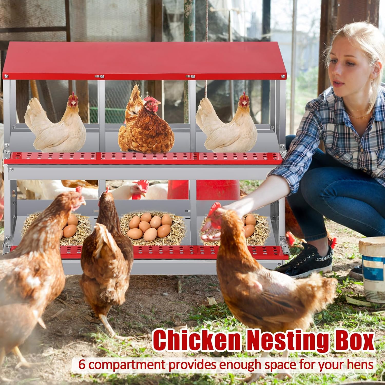Garvee 6 Compartment Chicken Nesting Box - Heavy Duty Metal Coop with Roll Away Egg Collection, Perch, Lid Cover for Egg Protection - Wall Mount/Free Standing Nest Box for Chickens, Hens, Ducks