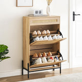 Garvee Rattan Shoe Storage Cabinet: Freestanding Organizer for Entryway, 2 Flip Doors & 1 Drawer, Hidden 3-Tier Adjustable Shelves for Hallway or Living Room (Oak) - Oak