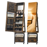 Garvee 360° Swivel Jewelry Armoire, 66" H Floor Standing Locking with Full Length Mirror, Inside Makeup Mirror, Bottom Drawer, Rear Storage Shelves, Wheels, Brown Cabinet with Large Storage Capacity - Brown