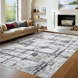 Garvee 9x12 Living Room Rug, Washable Non Slip Non Shedding Carpet, Soft Low Pile Floor Carpet, Abstract Farmhouse Decorative Area Rug for Bedroom, Grey - Gray