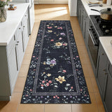 Garvee Washable 2x6 Kitchen Rugs Floral Soft Non Slip Hallway Runners Stain Resistant Low Pile Area Rug Black - Black