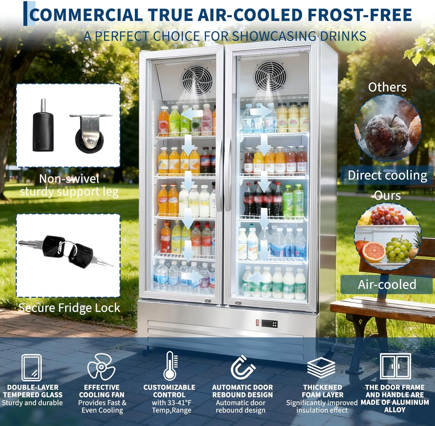 GARVEE 32.5 Cu.ft Double Door Commercial Beverage Cooler - 580-Can Glass Display Fridge | Frost-Free Air-Cooled, Automatic Door Rebound | for Bar/Restaurant/Supermarket (Silver)