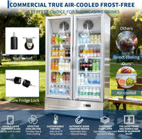 GARVEE 32.5 Cu.ft Double Door Commercial Beverage Cooler - 580-Can Glass Display Fridge | Frost-Free Air-Cooled, Automatic Door Rebound | for Bar/Restaurant/Supermarket (Silver)