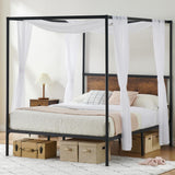 Garvee Full Size Canopy Bed Frame, Black Metal Four-Poster with Storage, Headboard, Wooden Slats, No Box Spring, Easy Assembly - Brown
