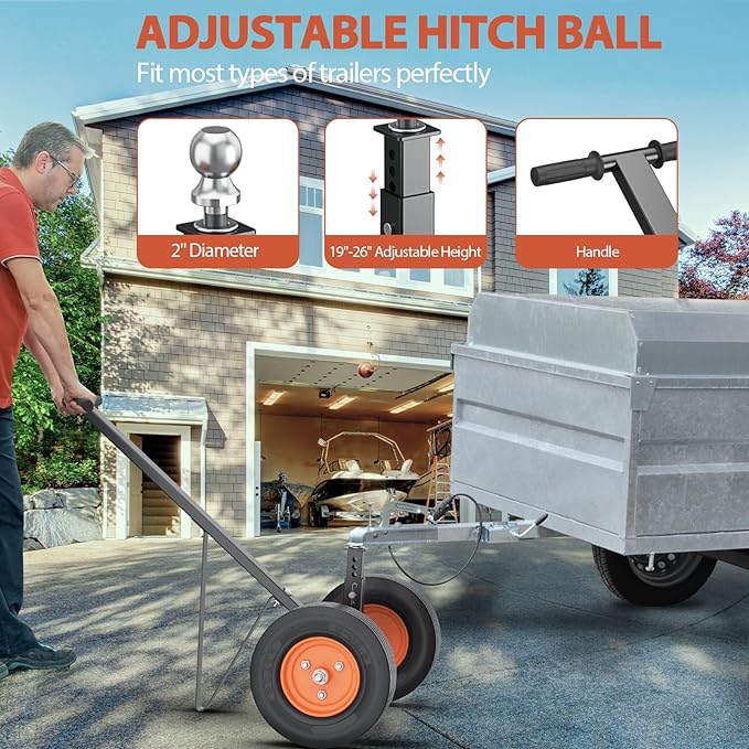 Garvee Trailer Dolly, 600 lbs Tongue Weight Capacity, Carbon Steel Trailer Mover with 16"- 24" Adjustable Height, 1-7/8" Hitch Ball & 10" Crackproof Tires, for Car RV Trailer Boat Moving
