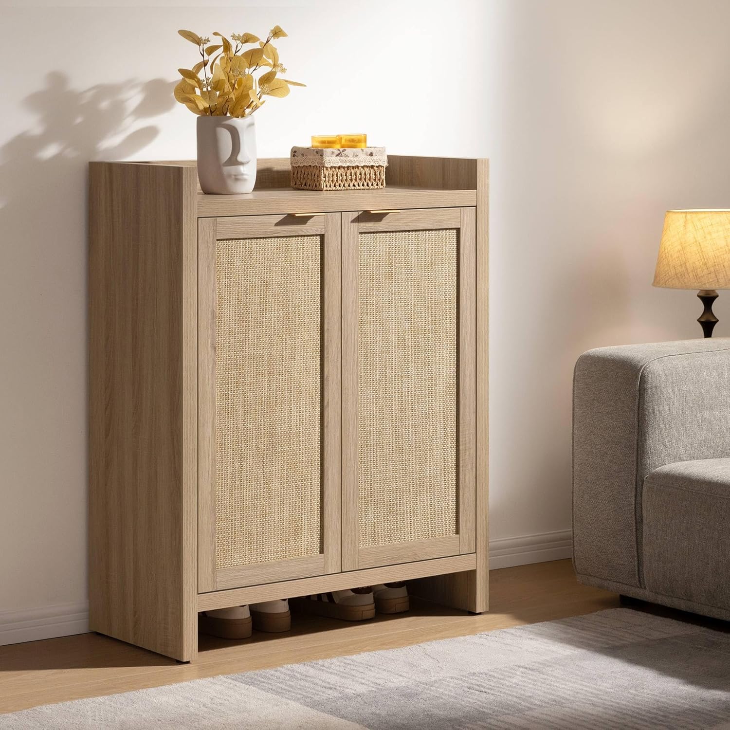 Garvee Boho 32" Rattan Shoe Storage Cabinet with 2 Doors and Adjustable Shelves for Entryway, Hallway, Living Room and Bedroom, Light Oak
