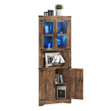Garvee 67 in Tall Corner Storage Cabinet with Lights, Farmhouse Corner Hutch Display Cabinet, Wooden Organizer for Kitchen Living Room Bathroom, Brown - Brown
