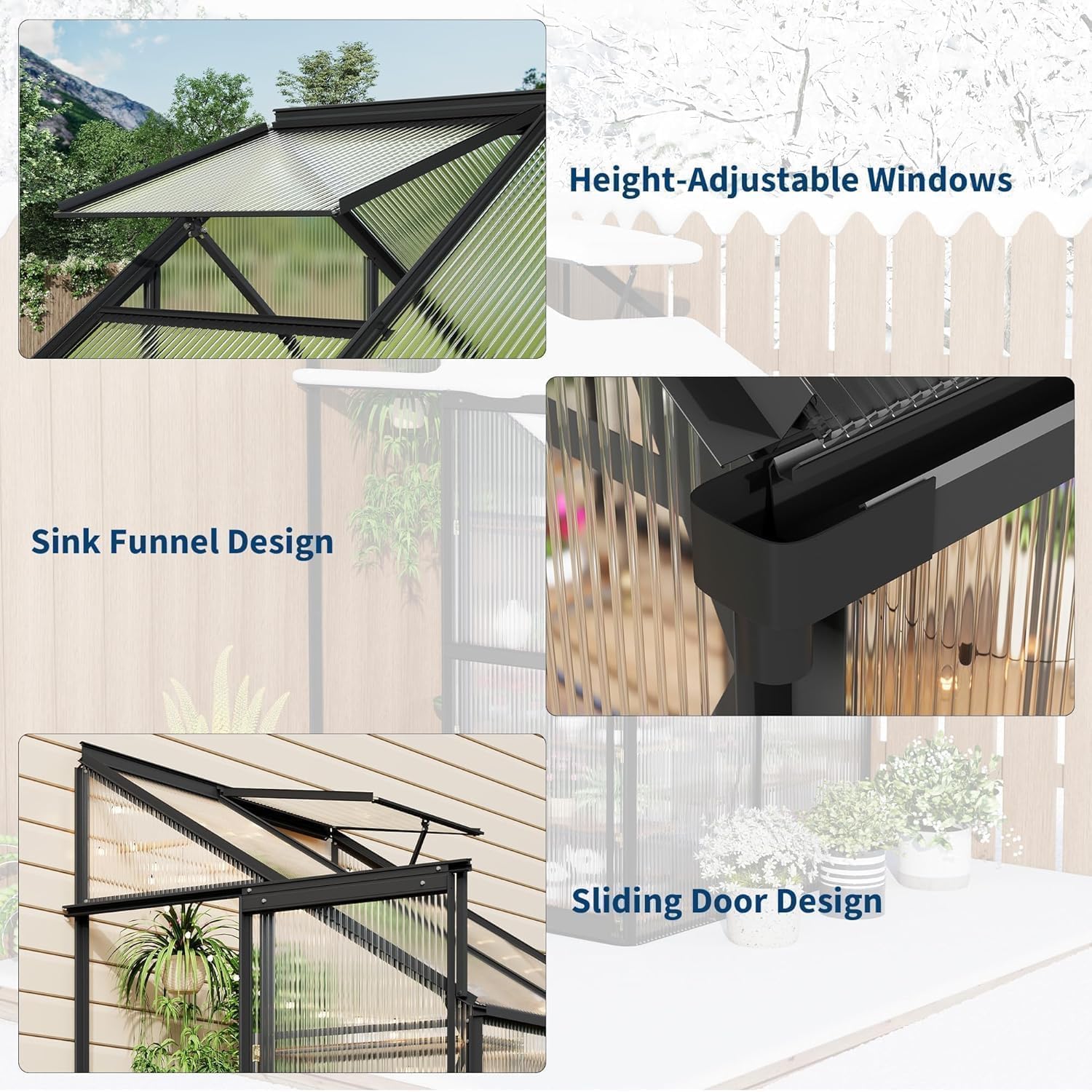 Garvee 4×4FT Lean-To Polycarbonate Greenhouse Kit, Heavy Duty Walk-In Plant Shelter with Sliding Door & Adjustable Roof Vent, Black