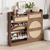 Garvee Rattan Shoe Storage Cabinet with 4 Flip Drawers & 2 Small Drawers for Entryway, Oak, Narrow Freestanding Shoe Rack Organizer with Adjustable Shelves and Sleek Metal Handles - Dark Oak