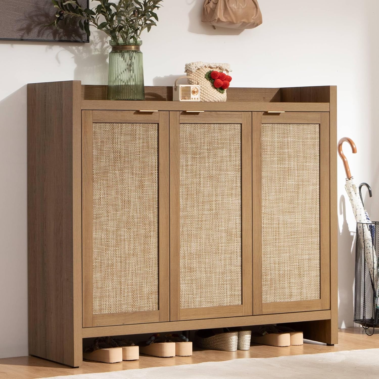 Garvee Boho 47" Rattan Shoe Storage Cabinet with 3 Doors and Adjustable Shelves for Hallway Living Room, Dark Oak