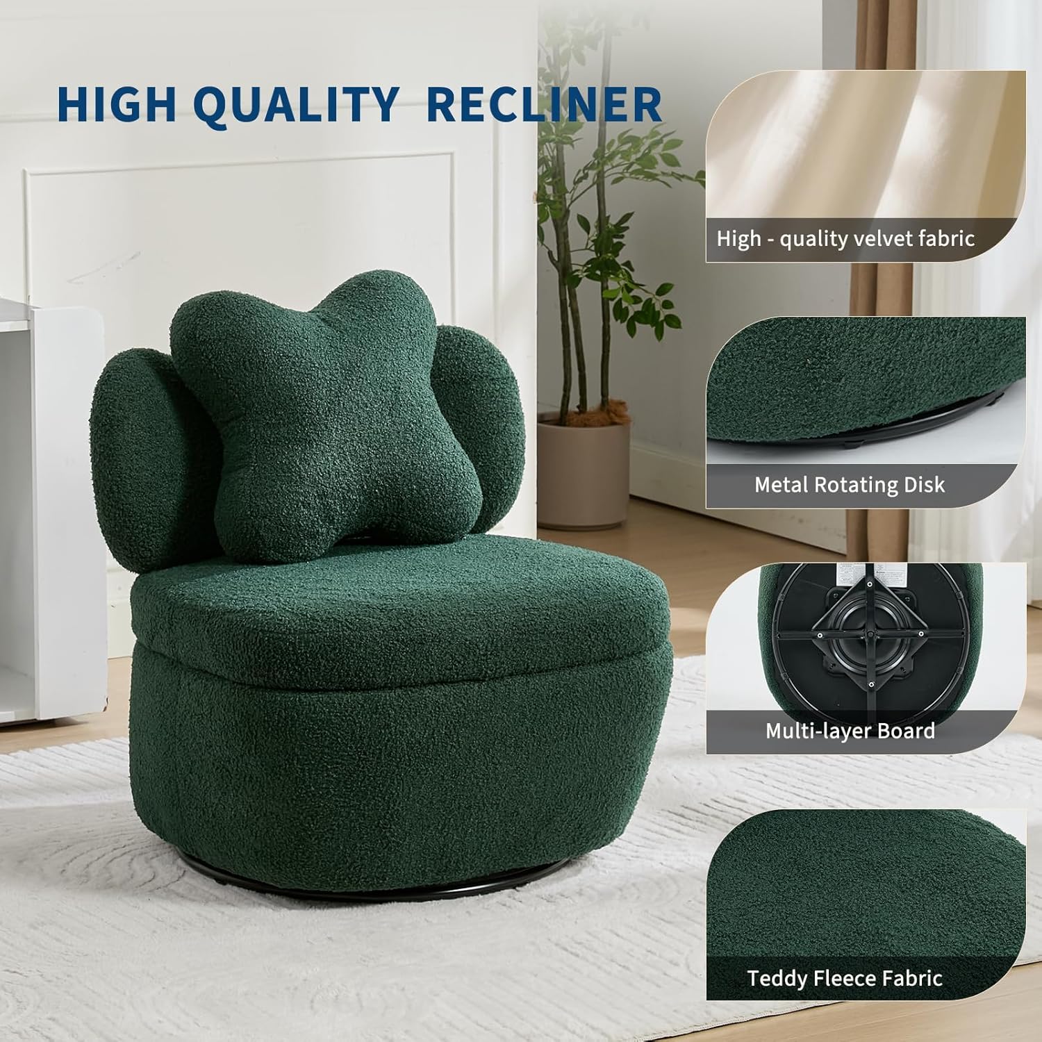 Garvee 360° Swivel Armchair with Storage, Teddy Velvet Accent Chair with Pillow, Ergonomic Design, 300 Lbs Capacity, Easy Assembly, Modern Lounge Chair for Living Room, Bedroom & Office, Green