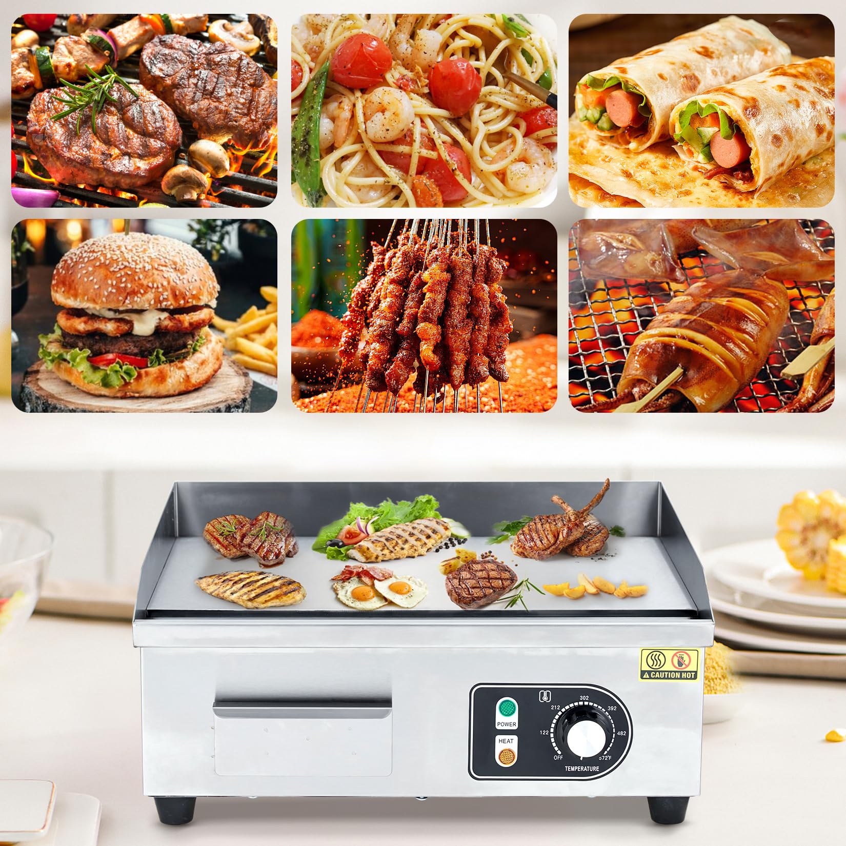 Garvee 14-Inch Commercial Electric Grill 1500 Watts Non-Stick Stainless Steel Adjustable Temp 122°F-572°F for Home & Restaurant(WITH PLUG)