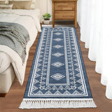 Garvee Boho Washable Runner Rug, Non-Slip Moroccan Tribal Carpet with Tassels, Stain-Resistant Farmhouse Geometric Floor Cover, Blue - Blue