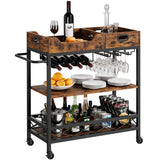 Garvee 3 Tier Rustic Bar Cart with Wheels, Wine Rack, Glasses Holder, Industrial Metal Frame, MDF Wood Veneer, for Kitchen, Dining, Living Room - Retro Color