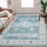 Garvee Oriental Green 9x12 Vintage Floral Rug Non-Slip Washable Chenille Low Pile Foldable for Living Room, Bedroom, Dining Room - Green