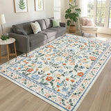Garvee Floral 9x12 Green Washable Area Rug for Living Room, Non-Slip Non-Shedding Soft Vintage Rug, Low Pile Farmhouse Floral Carpet, Non-Shedding Indoor Foldable Printed Rug for Bedroom - Green
