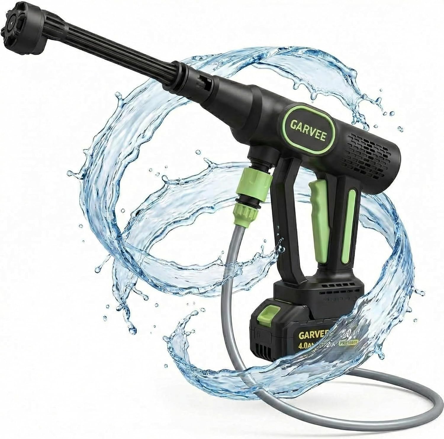 Garvee 20V Cordless Pressure Washer, 320 PSI Portable Power Cleaner with 6-in-1 Nozzle, Foam Cannon & 26ft Hose, 4.0Ah Battery for Car, Patio & Home, Black/Green