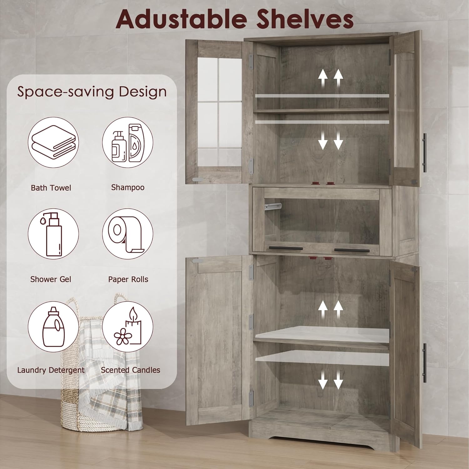 Garvee Modern Freestanding Bathroom Storage Cabinet with Double Glass Doors and Spacious Sliding Drawer, Grey