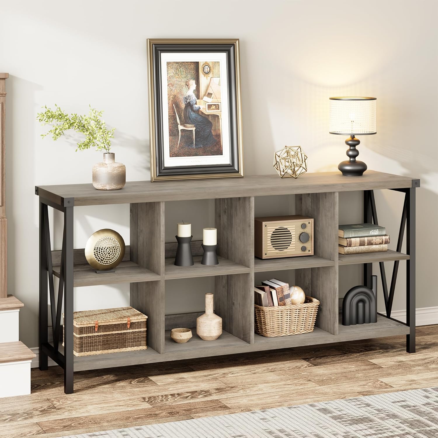 Garvee Console Table, Rustic 3 Tier Sofa Table Behind Couch, Industrial Metal Entryway Table with Storage Shelf, Farmhouse Wooden Foyer Hallway Table for Entry Living Room,Grey.