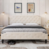Garvee King Bed Frame, Velvet Platform Bed Frame with Headboard, Upholstered Bed Frame with Rivet Wingback Headboard, No Box Spring Needed, Easy Assembly, Beige - off white