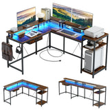 Garvee 68" L Shaped Gaming Desk with Power Outlets & LED Lights, Reversible Home Office Desk with File Drawer, Monitor Shelf, and Hook, Rustic Brown - Tiger stripes