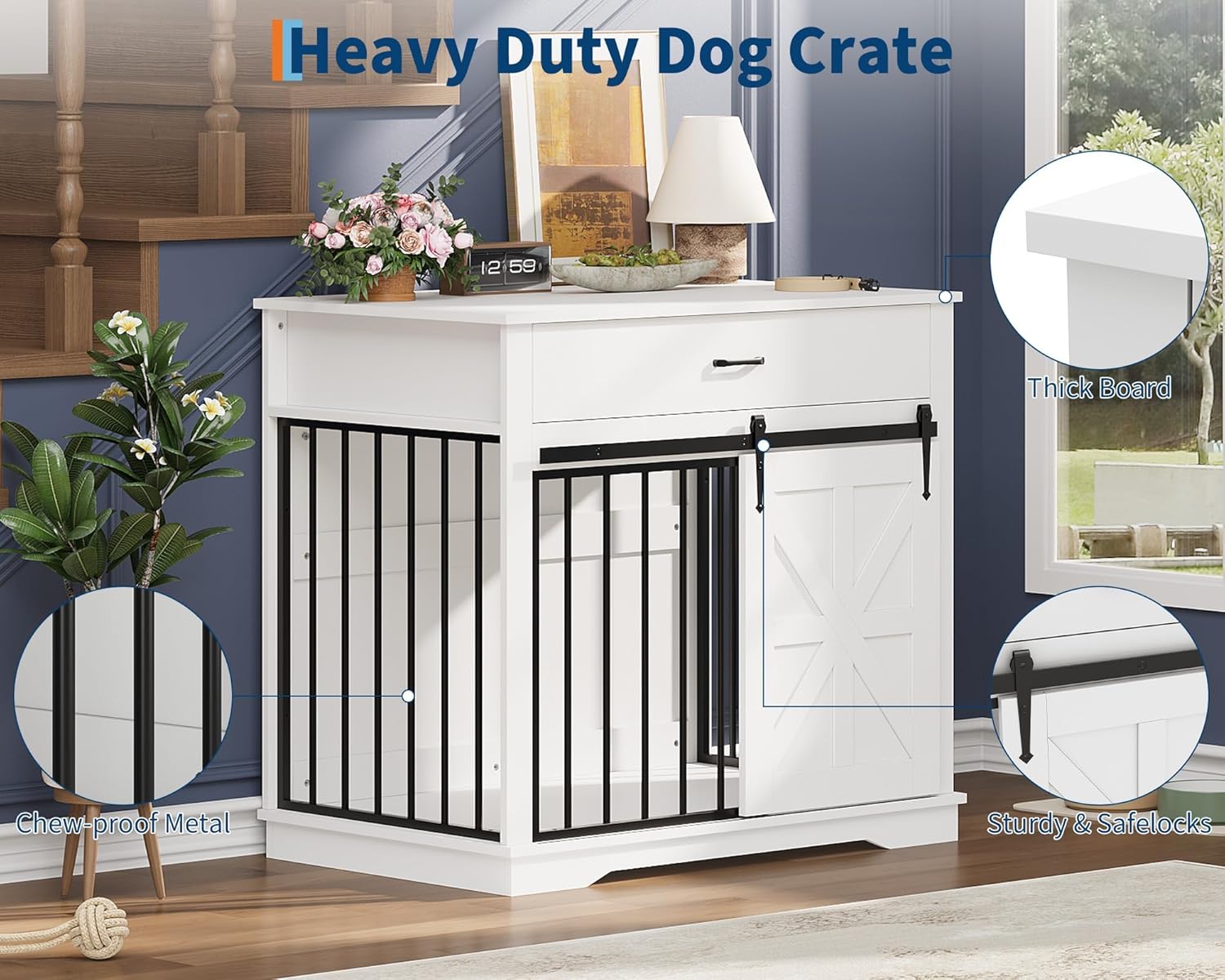 Garvee 37.8"W Dog Crate Furniture for Small/Medium Dogs, 2-in-1 Iron-Wood Fusion Dog Cage Indoor As Side End Table, Farmhouse Dogs Kennel with Sliding Barn Doors & Storage Drawer, White