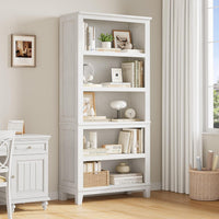 Garvee 71" Farmhouse Bookcase w/Adjustable Shelves & 31.5" Width, 5 Tier Tall Bookshelf with Wooden Legs, Rustic Vintage Book Shelf for Living Room Office Library, White