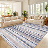 Garvee Large Area Rug 9x12 Washable Modern Strip Living Room Rug with Non-Slip Backing, Soft Low Pile Floor Cover, Stain-Resistant Contemporary Indoor Mat for Bedroom, Blue - Blue