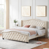 Garvee King Size Upholstered Platform Bed Frame with Tall Headboard 47.2", King Bed with Velvet Button Tufted & Nailhead Trim Wingback Headboard, Luxurious Arched Footboard, Beige - off white