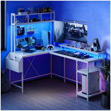 Garvee L Shaped Computer Gaming Desk with LED Lights & Power Outlets, 67" Reversible Large L-Shaped Desk with Monitor Stand & Storage Shelves (White) - White