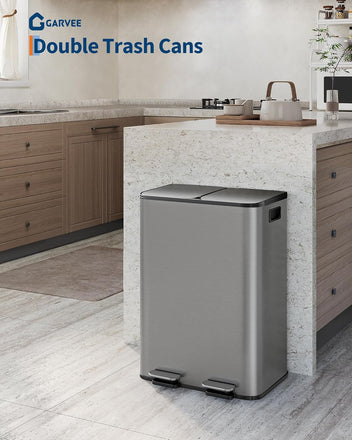 Garvee 2 x 8 Gallon Stainless Steel Double Trash Can Step-on Metal Garbage Cans with Lid for Kitchen, Grey