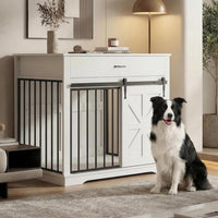 Garvee 37.8"W Dog Crate Furniture for Small/Medium Dogs, 2-in-1 Iron-Wood Fusion Dog Cage Indoor As Side End Table, Farmhouse Dogs Kennel with Sliding Barn Doors & Storage Drawer, White