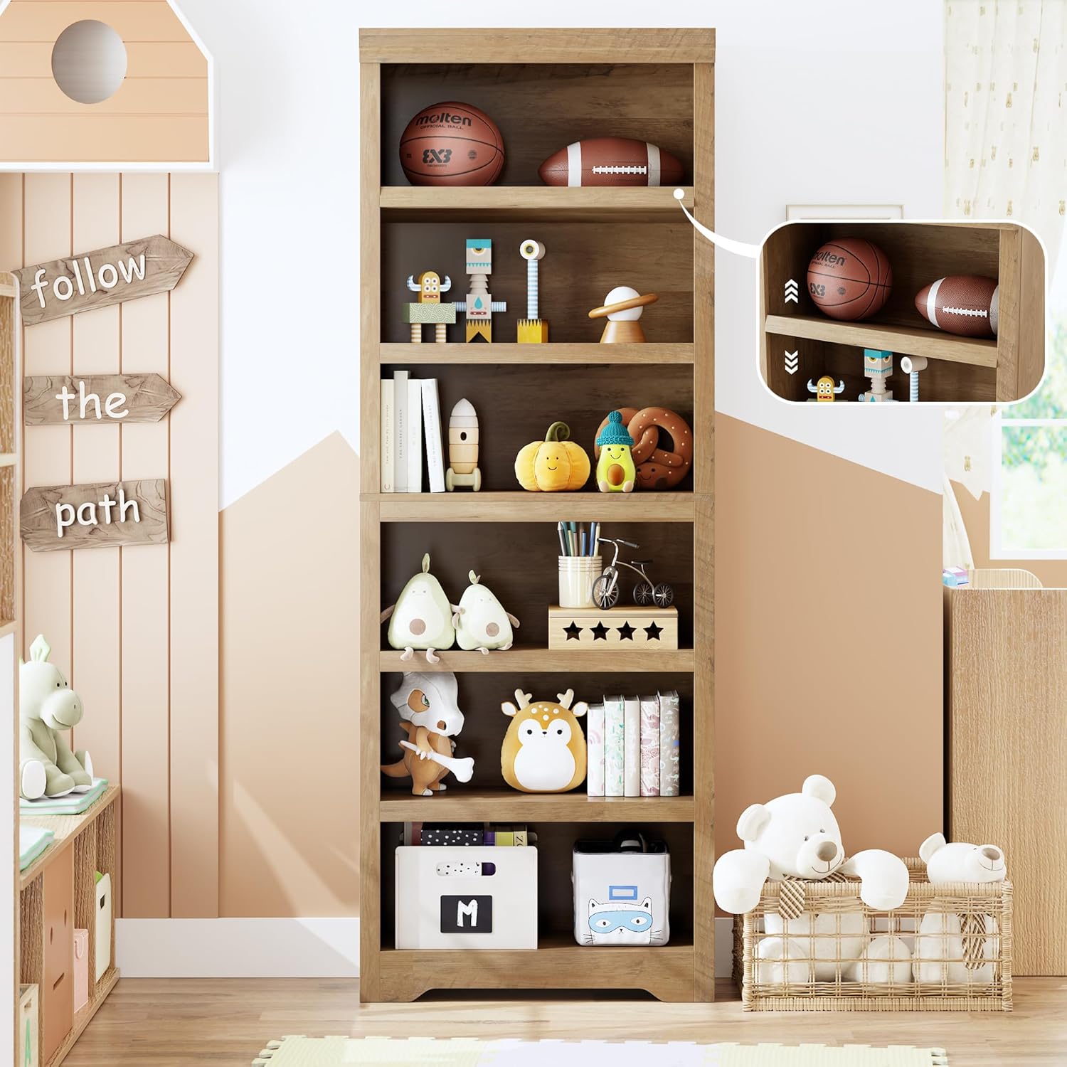 Garvee 6 Tier Bookshelf, 75" Tall Farmhouse Bookcase with Adjustable Shelves, 23.6" W Floor Standing Open Display Storage Rack with Anti-Slip Design for Home Office, Balcony, Library, Study / Living Room, Brown