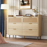 Garvee 6 Drawer Rattan Dresser, Narrow Wicker Chest of Drawer with Railed Edge, Metal Legs, Gold Handles, Farmhouse Wooden Storage Dresser for Bedroom, Nursery, Light Oak - Light Oak