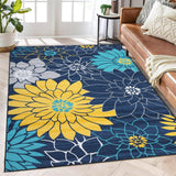 Garvee Floral Farmhouse Distressed 9x12 Area Rug | Washable Non-Slip Low Pile & Non-Shedding | Large Accent Rug for Living Room, Bedroom Decor - Blue