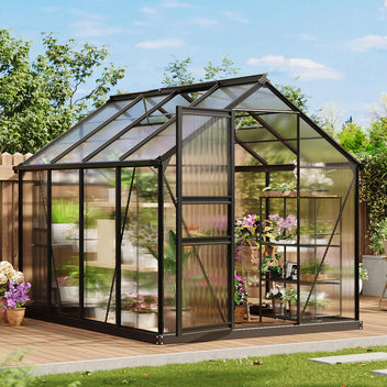 Garvee 8×6FT Aluminum Frame Greenhouse with Polycarbonate Panels, Lockable Door, Adjustable Roof Vent, Side Gutter, Backyard Garden Use