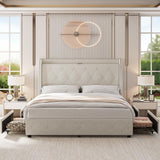 Garvee Upholstered Queen Bed Frame with 4 Storage Drawers, Queen Size Bed Frame with Headboard and Storage, Platform Bed Frame with Charging Station & Wingback, No Box Spring Needed, Noise-Free,Easy Assembly