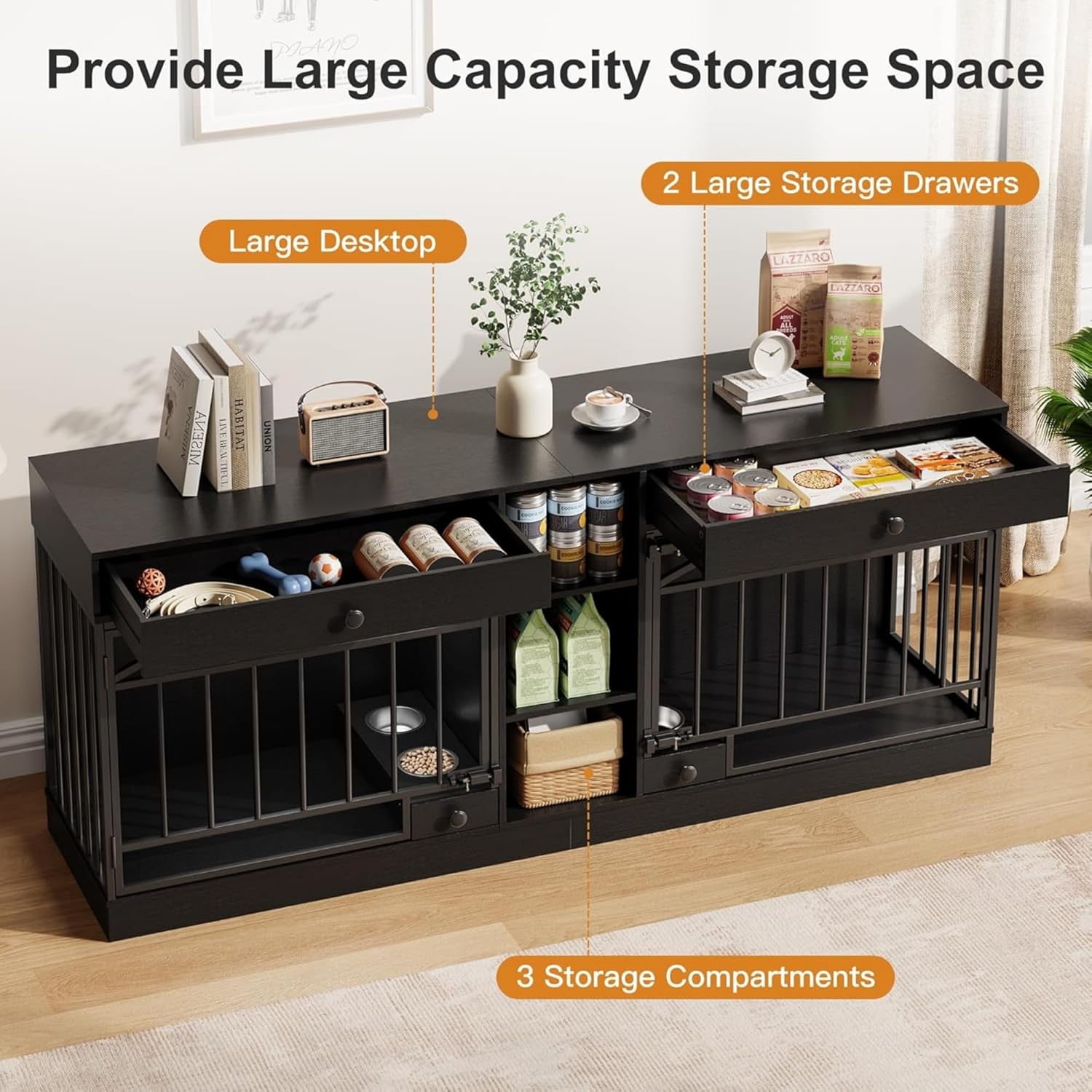 Garvee Dog Crate Furniture for 2 Dogs, 78.7" Large Dog Kennel Indoor with 2 Storage Drawers, 3 Shelves and Feeding Bowls, Double Dog Crate TV Stand for Small and Medium Dogs, Black