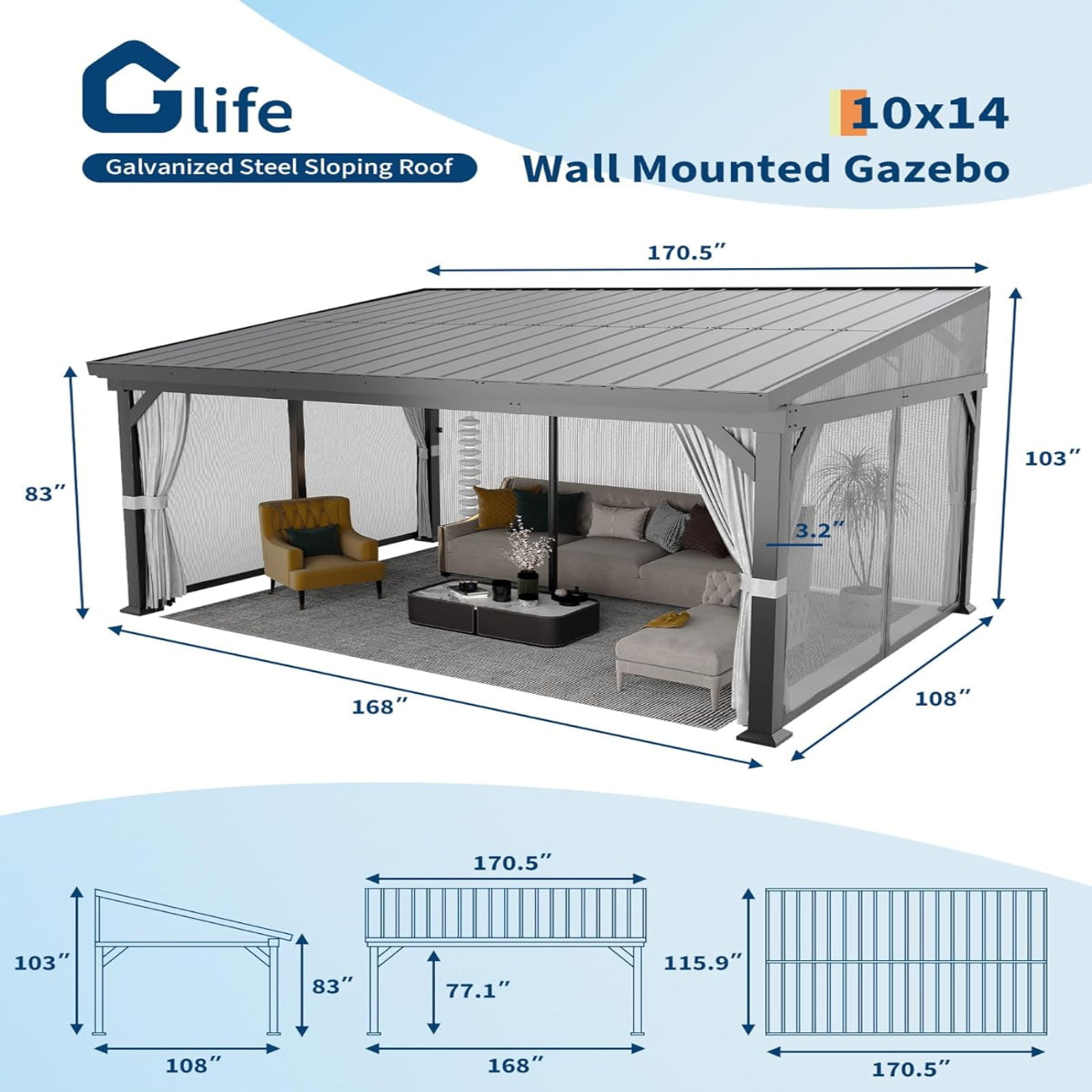 Garvee 10'x14' Wall-Mounted Lean-To Gazebo with Galvanized Steel Roof, Gutters, Sliding Netting & Curtains, Rust-Resistant Frame, UV Protection, Patio & Garden
