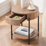 Garvee 2-Tier Round End Table, Nature Wood Color Side Table with Growth Rings Wood Design, Industrial Sofa Table with Drawer and Storage Space, Elegant Nightstand for Living Room, Bedroom