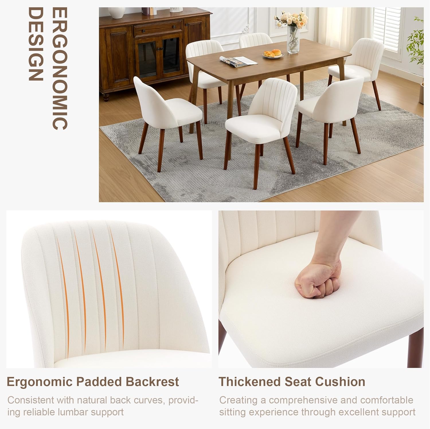 Garvee Set of 2 Mid-Century Modern Fabric Upholstered Dining Chairs with Padded and Solid Wood Legs, Beige