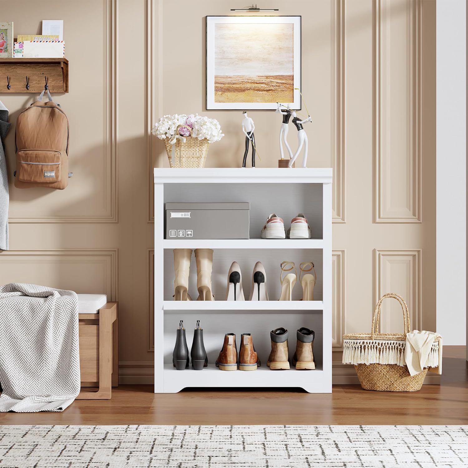 Garvee 3 Tier Bookshelf, 39.4" Tall Farmhouse Bookcase with Adjustable Shelves, 31.5" W Floor Standing Open Display Storage Rack with Anti-Slip Design for Home Office, Balcony, Library, Study / Living Room, White